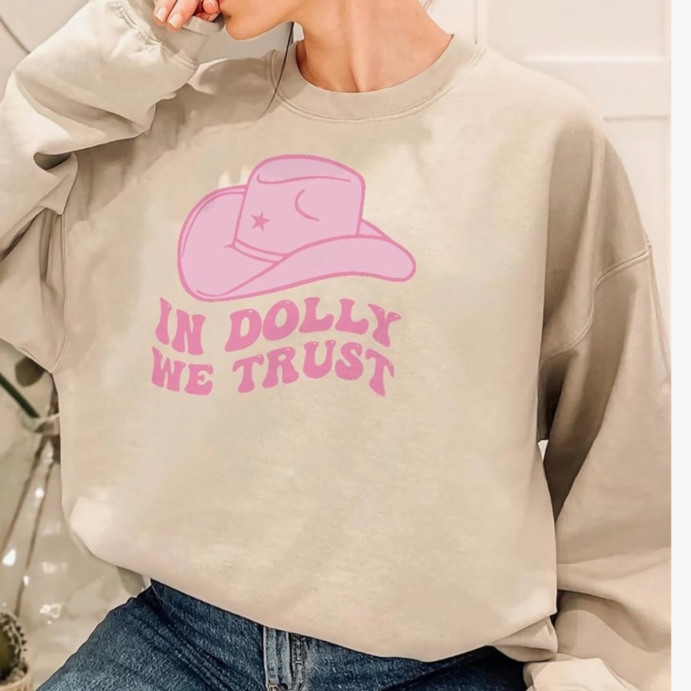 Gildan Crew Neck Dolly Parton Graphic Sweatshirt Pink Cowboy Hat Star Small